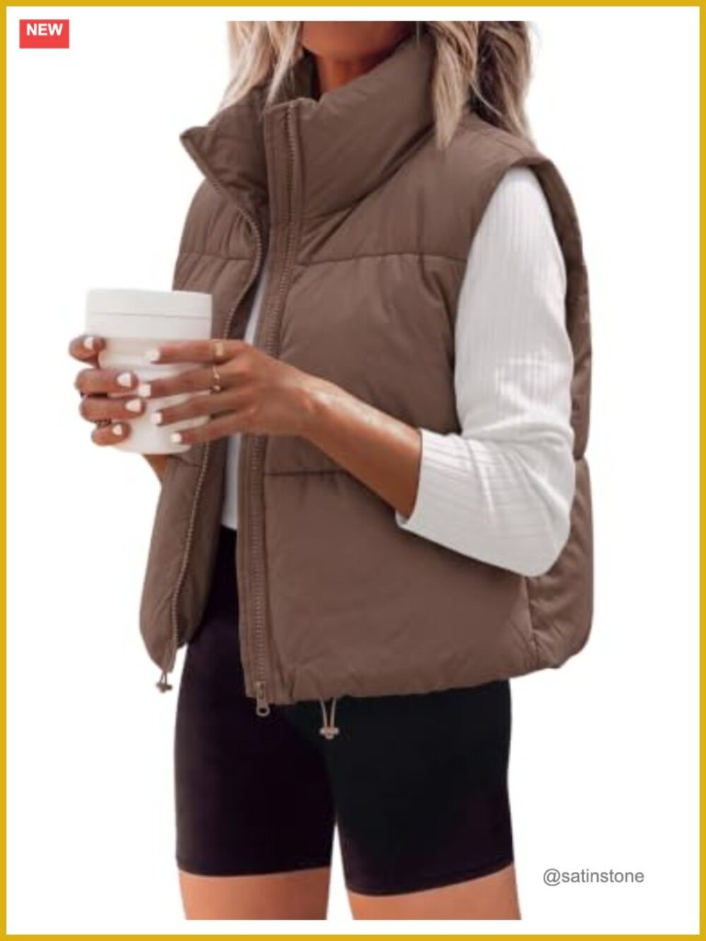 Cropped Puffer Vest Zip Up Stand Collar Sleeveless Padded Quilted
